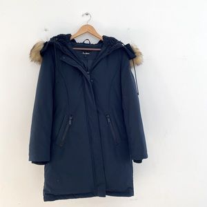 Sam Edelman Faux Fur Trim Down Parka Coat Womens Large Navy Blue